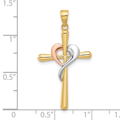 14K Two-Tone with White Rhodium Polished Cross with Heart Pendant