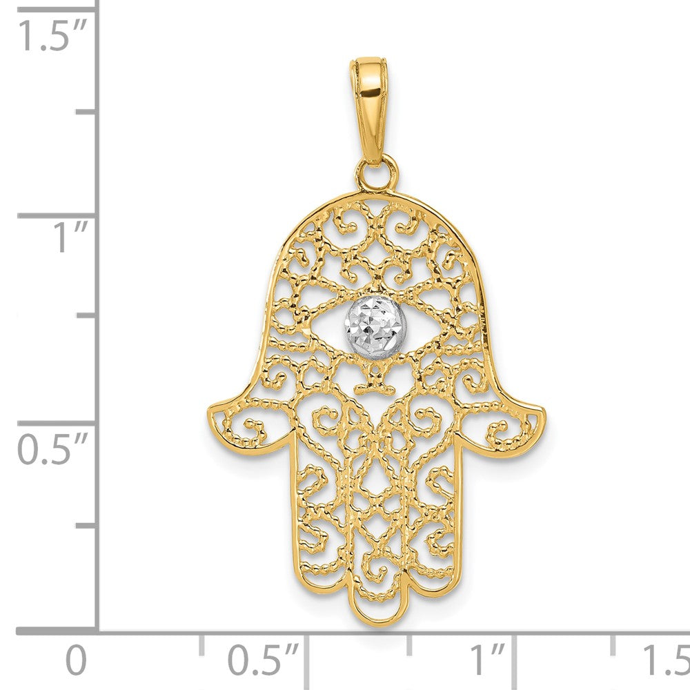 14K Yellow & Rhodium and White Rhodium D/c Filigree Hamsa Pendant