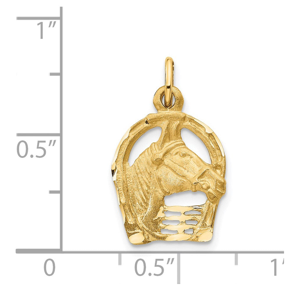 14K Yellow Gold Diamond-Cut Horse Head In Horseshoe Charm