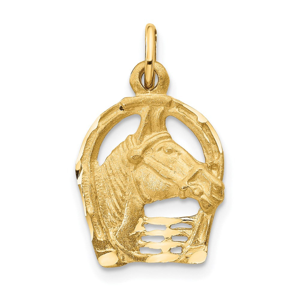 14K Yellow Gold Diamond-Cut Horse Head In Horseshoe Charm