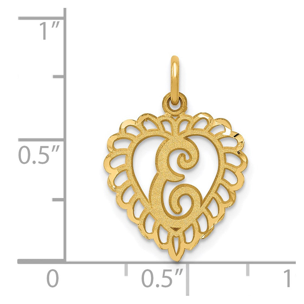 14K Yellow Gold Heart Letter E Charm