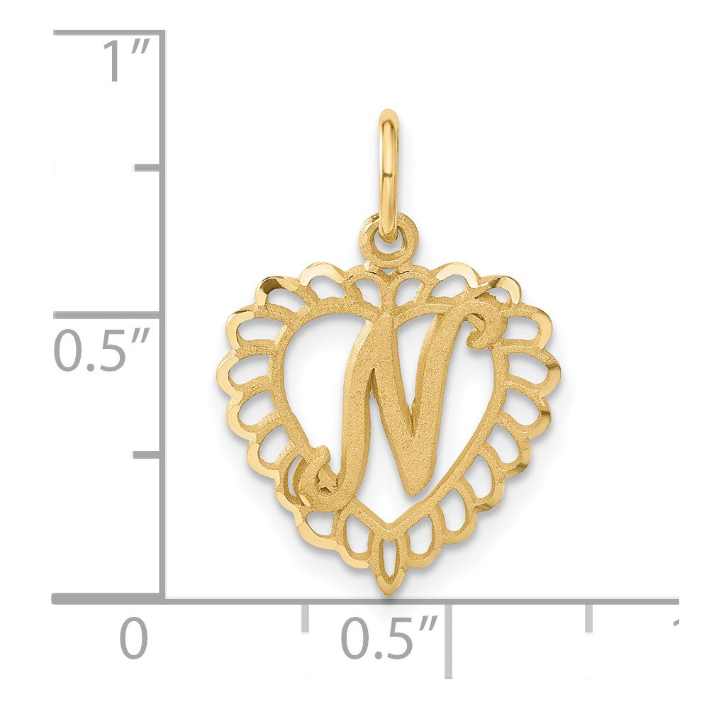 14K Yellow Gold Heart Letter N Charm