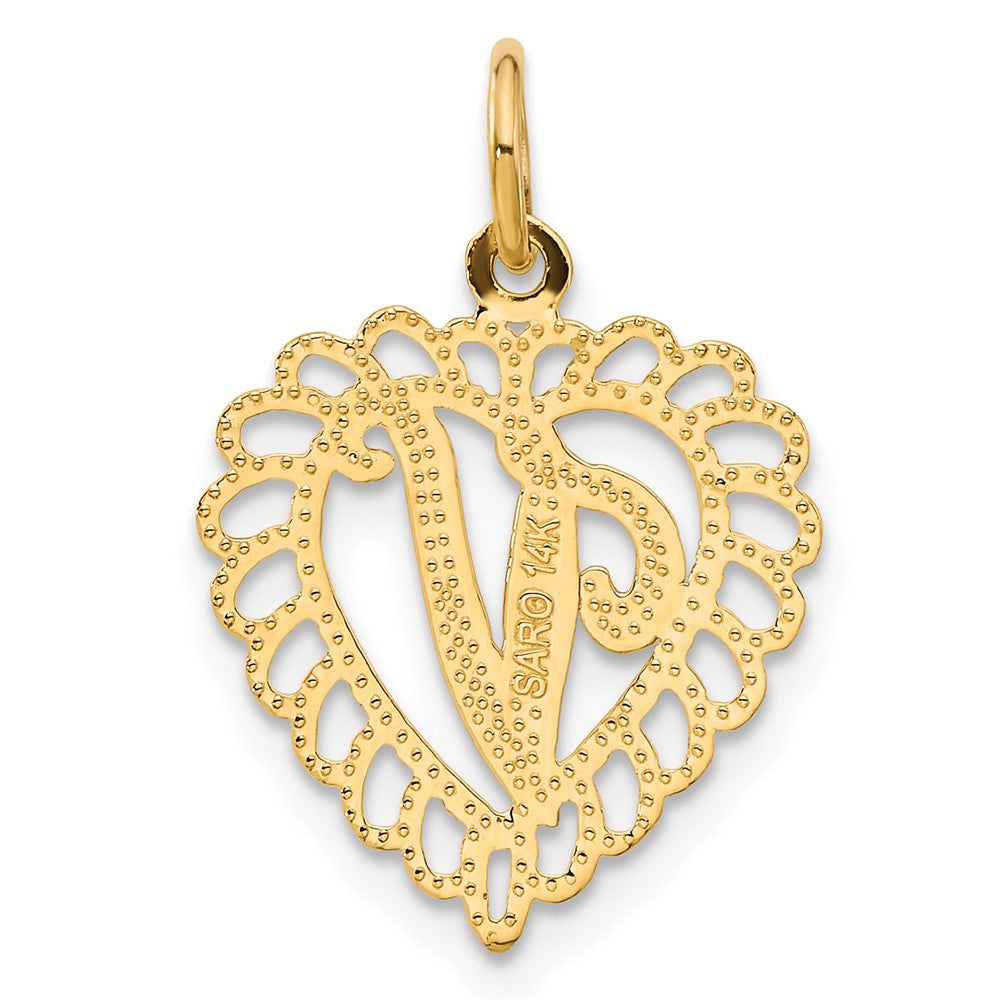 14K Yellow Gold Heart Letter V Charm
