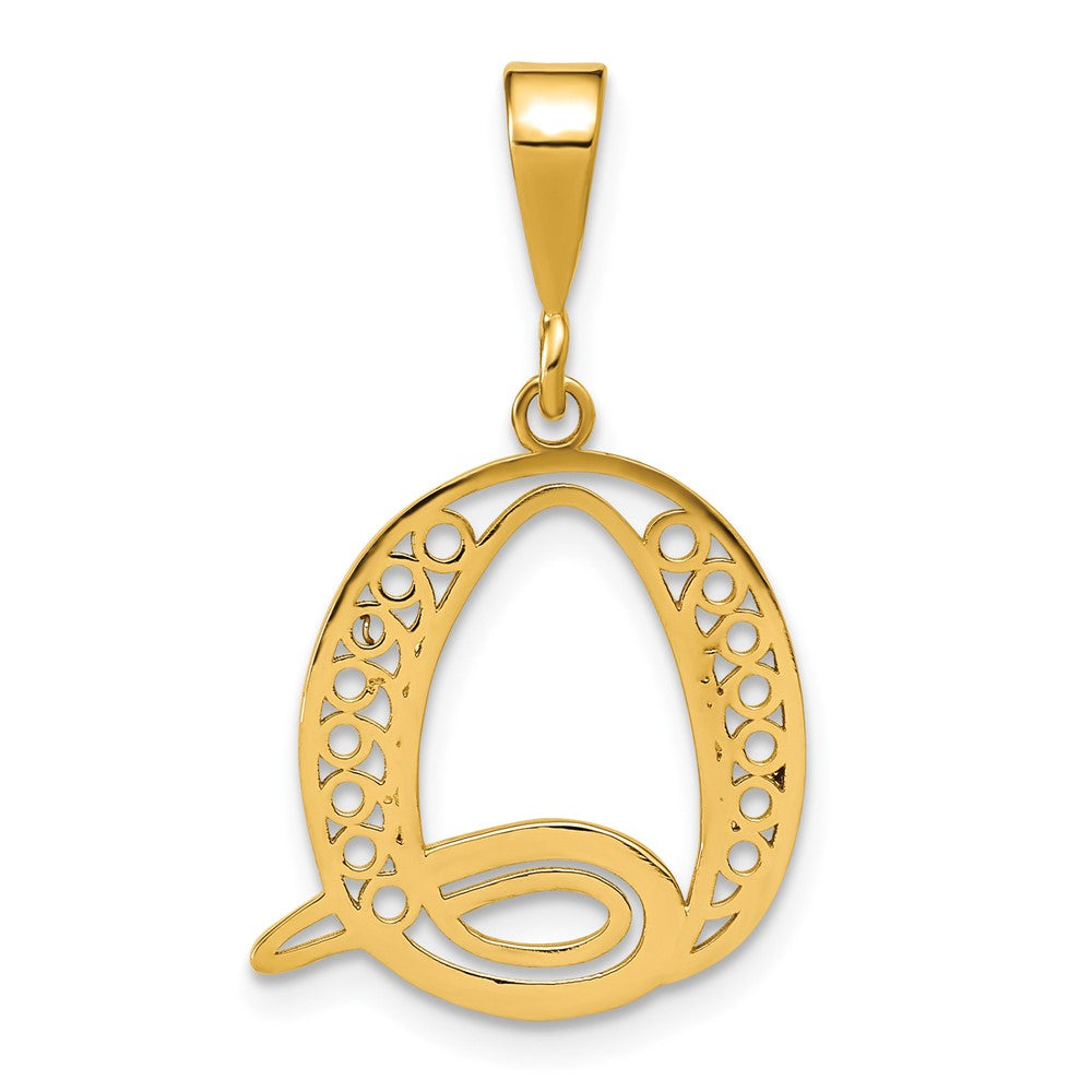 14K Yellow Gold Polished Script Filigree Letter Q Initial Pendant