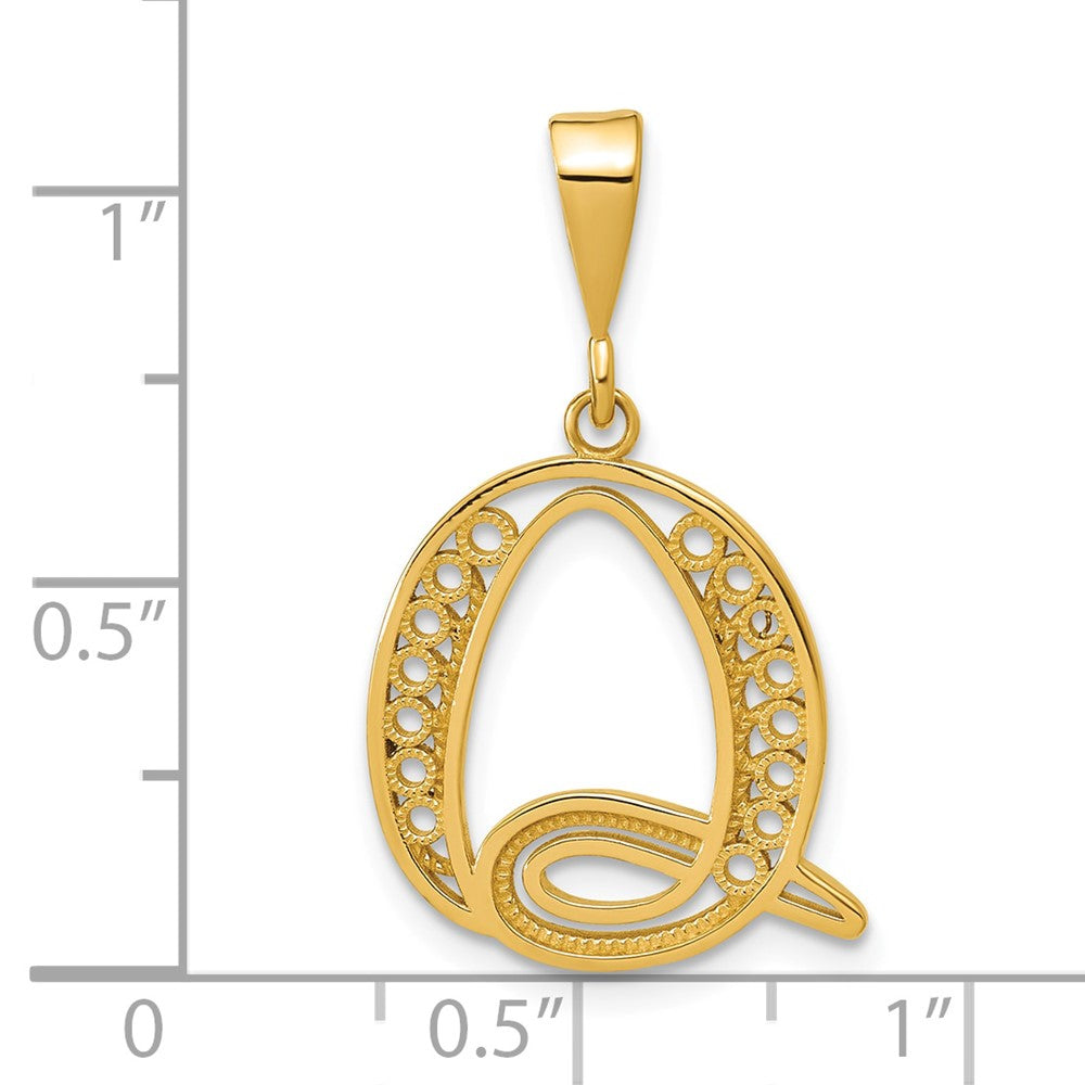 14K Yellow Gold Polished Script Filigree Letter Q Initial Pendant