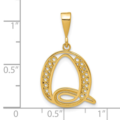 14K Yellow Gold Polished Script Filigree Letter Q Initial Pendant