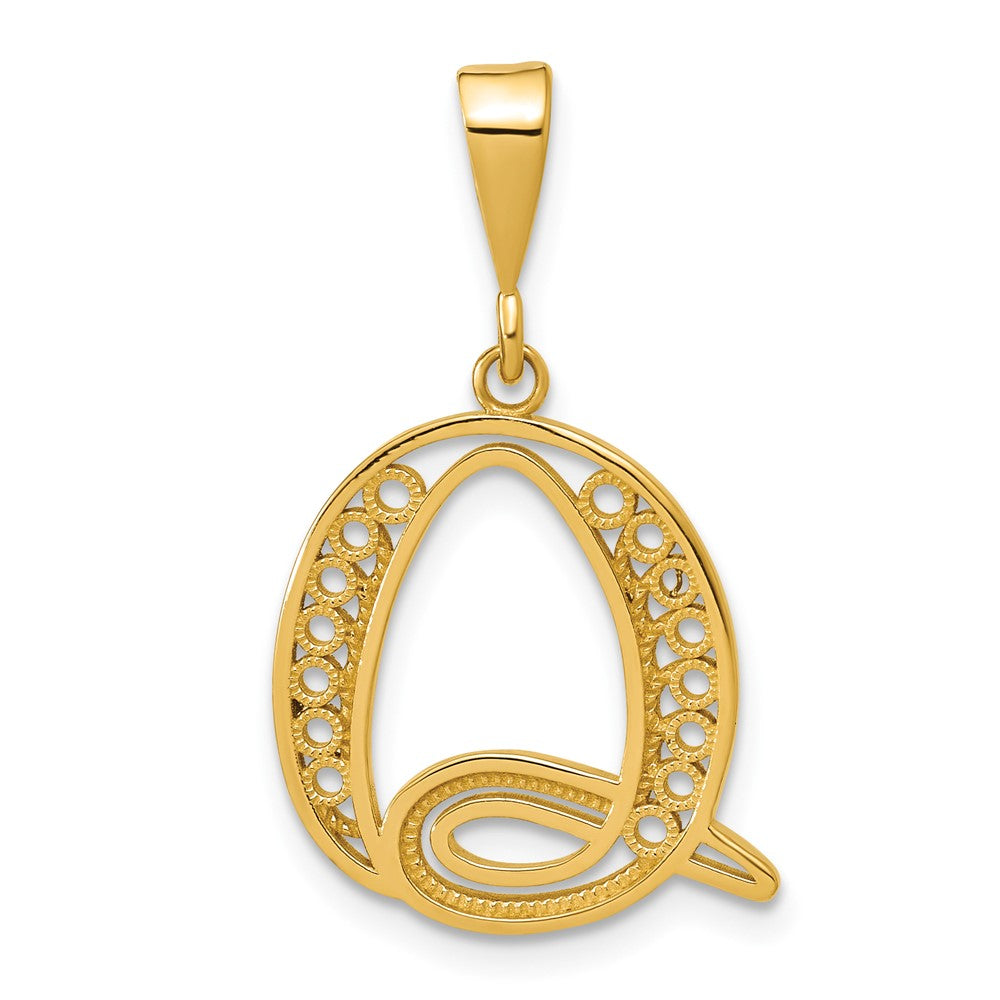 14K Yellow Gold Polished Script Filigree Letter Q Initial Pendant