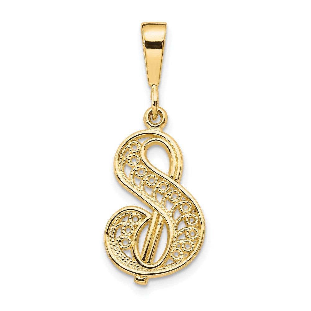 10K Yellow Gold Polished Script Filigree Letter S Initial Pendant