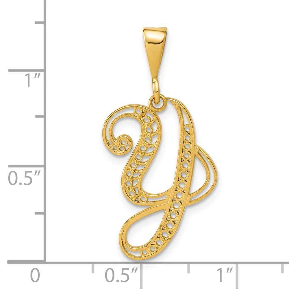 14K Yellow Gold Polished Script Filigree Letter Y Initial Pendant