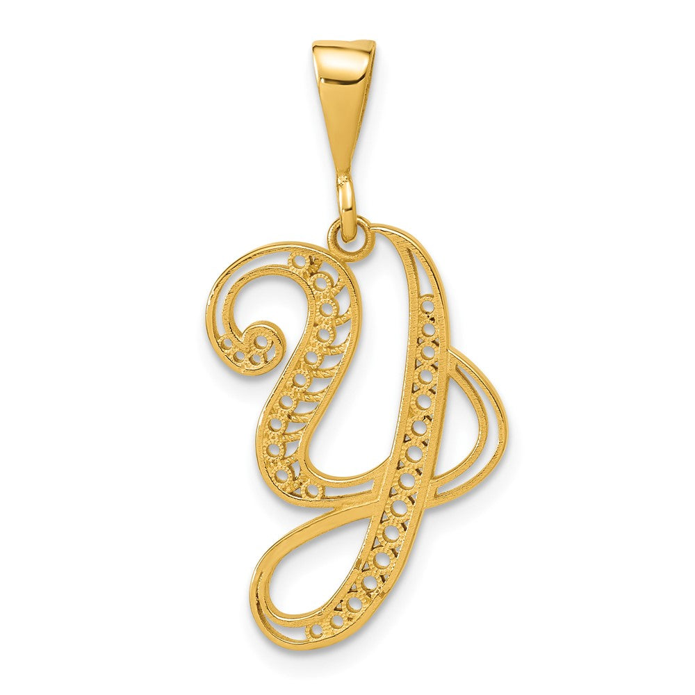14K Yellow Gold Polished Script Filigree Letter Y Initial Pendant