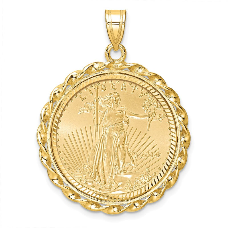 14K Yellow Gold 1/4oz Mounted American Eagle Coin Twisted Wire D/c Bezel Pendant