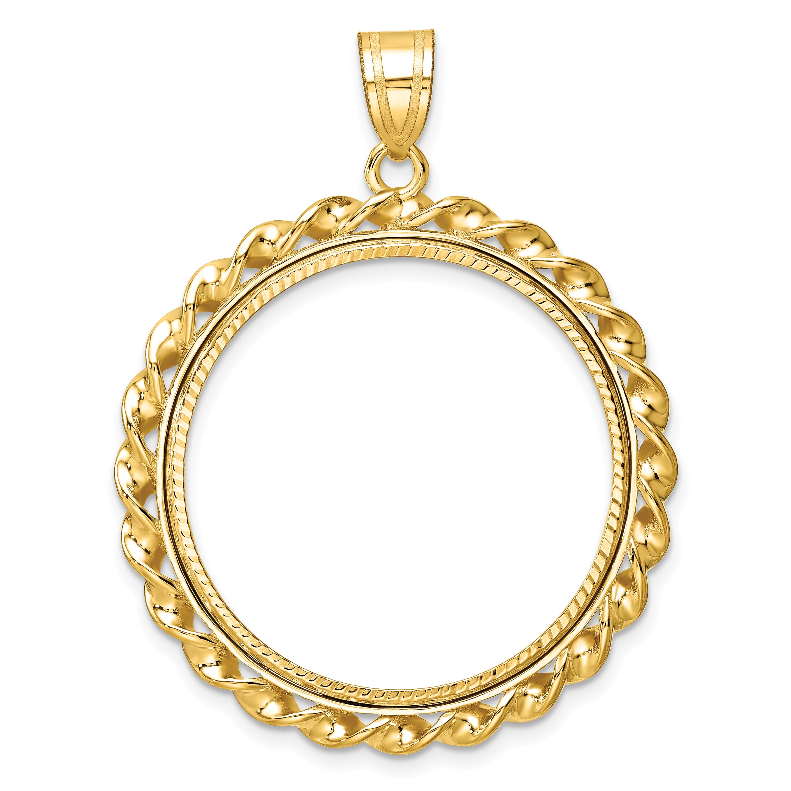 14K Yellow Gold Wideband Distinguished Coin Jewelry Polished Diamond-Cut And Wide Twisted Wire 27.0mm Prong Bezel Pendant