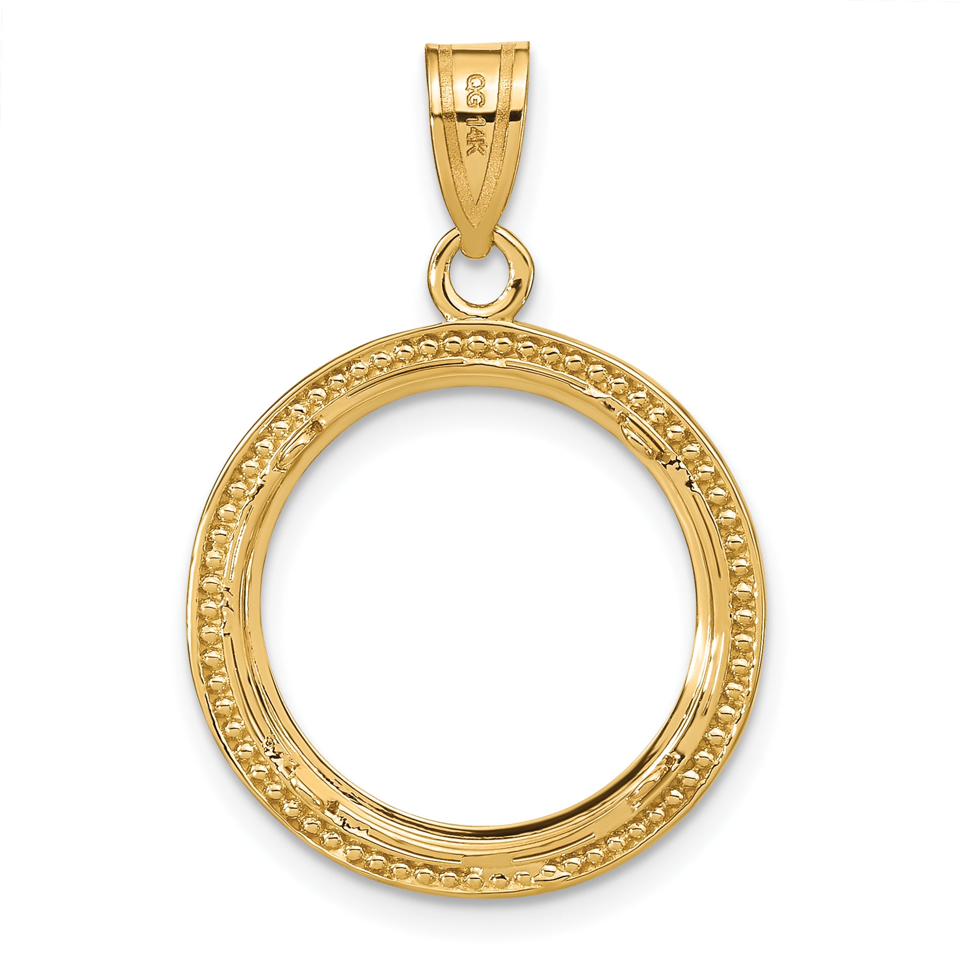 14K Yellow Gold Wideband Distinguished Coin Jewelry Polished Beaded And Diamond-Cut 16.5mm Prong Bezel Pendant
