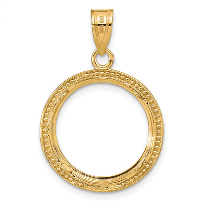 14K Yellow Gold Wideband Distinguished Coin Jewelry Polished Beaded And Diamond-Cut 16.5mm Prong Bezel Pendant