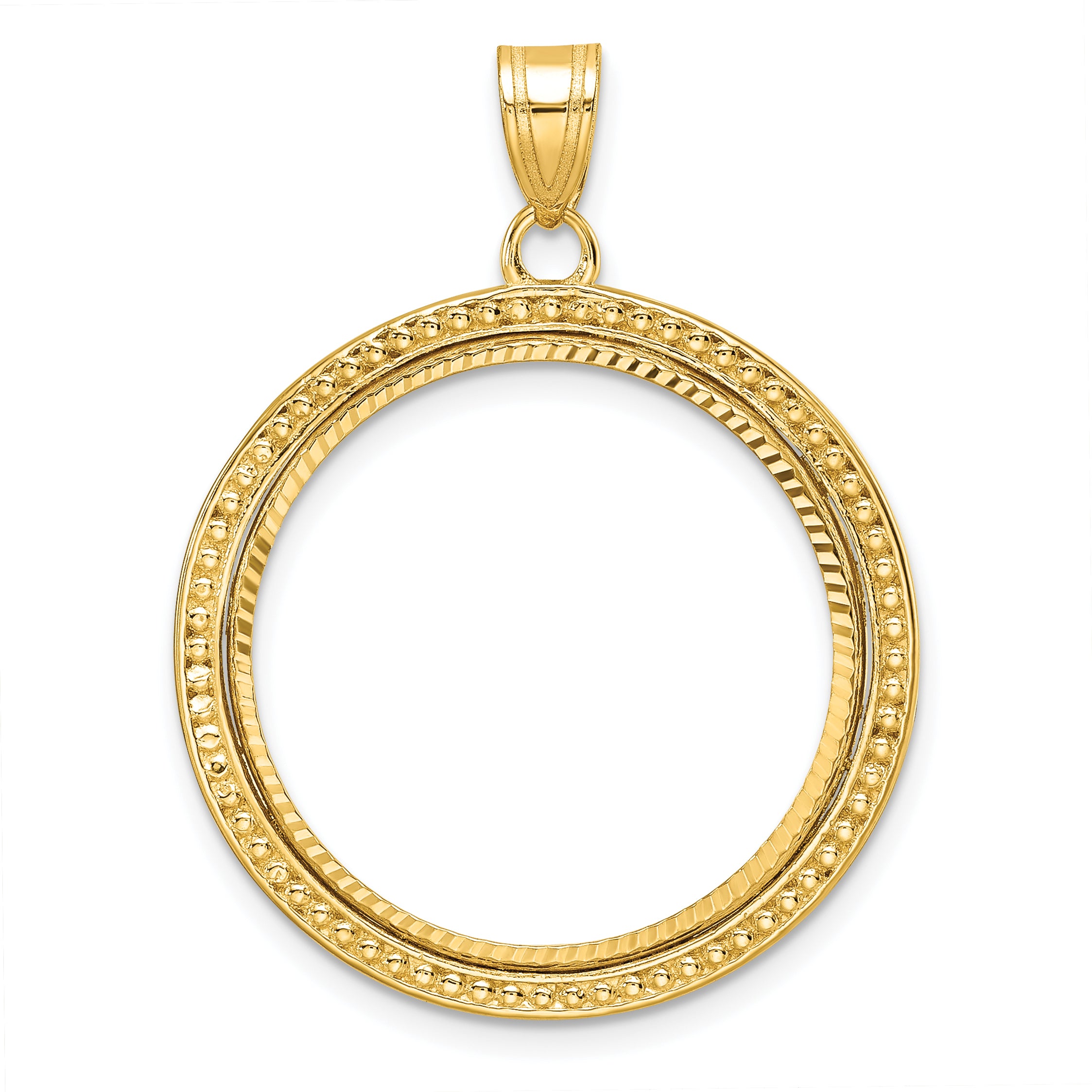 14K Yellow Gold Wideband Distinguished Coin Jewelry Polished Beaded And Diamond-Cut 22.0mm Prong Bezel Pendant
