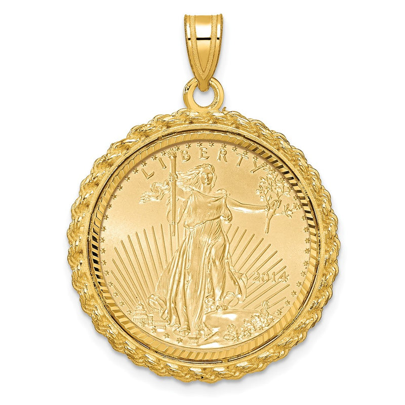 14K Yellow Gold Casted Rope D/c Prong Mounted 1/4oz Am Eagle Coin Bezel Pendant