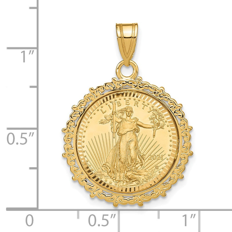 14K Yellow Gold 1/10oz Mounted American Eagle Coin Fancy Edge Diamond-Cut Bezel Pendan