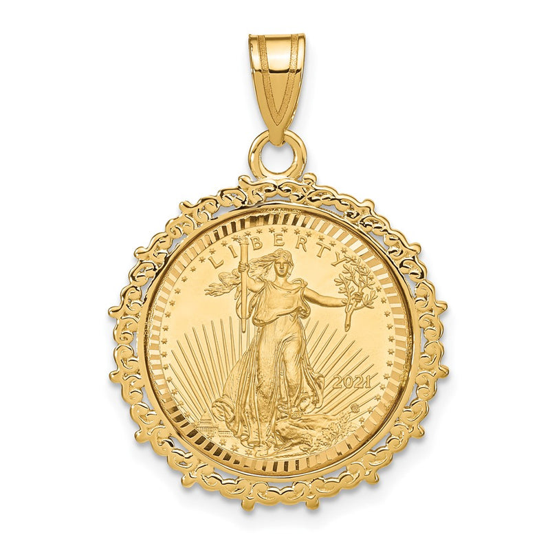 14K Yellow Gold 1/10oz Mounted American Eagle Coin Fancy Edge Diamond-Cut Bezel Pendan