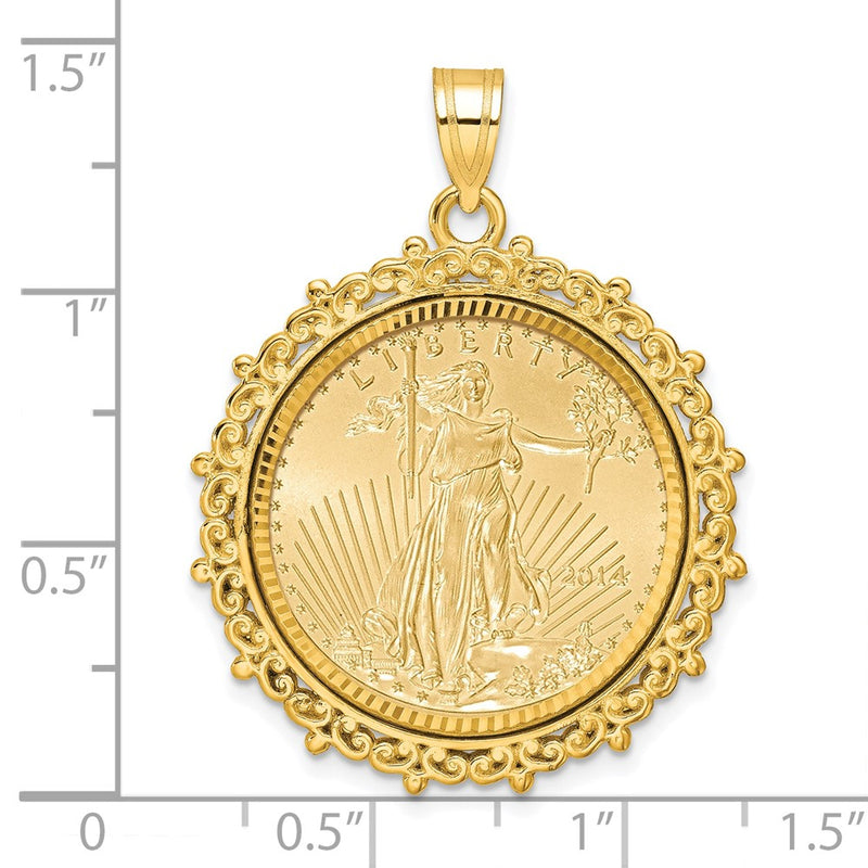14K Yellow Gold 1/4oz Mounted American Eagle Coin Fancy Edge Diamond-Cut Bezel Pendant