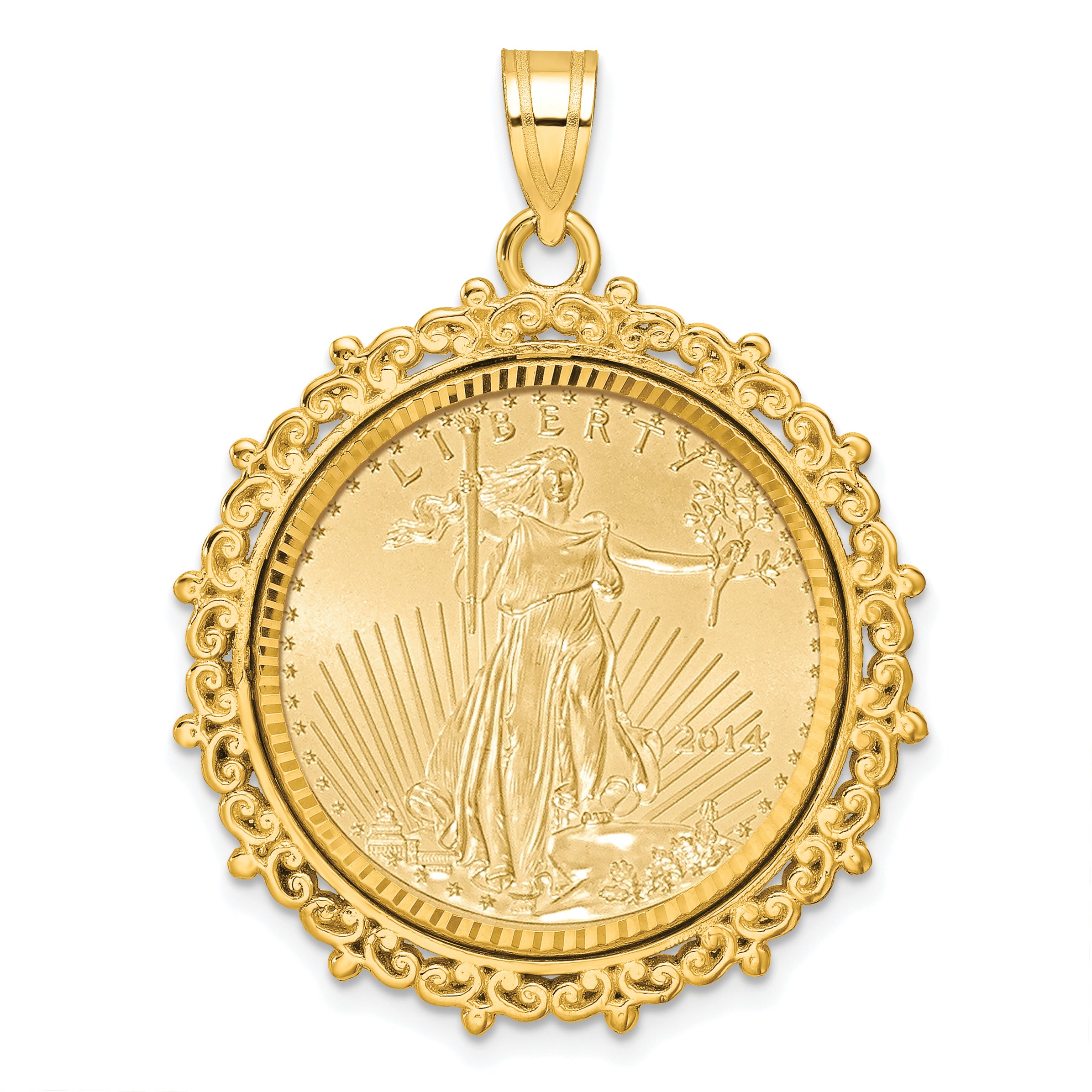 14K Yellow Gold Wideband Distinguished Coin Jewelry 14Ky Fancy Diamond-Cut Mounted 1/4Oz American Eagle Bezel Pendant