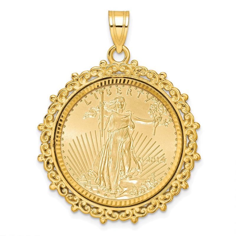 14K Yellow Gold 1/4oz Mounted American Eagle Coin Fancy Edge Diamond-Cut Bezel Pendant