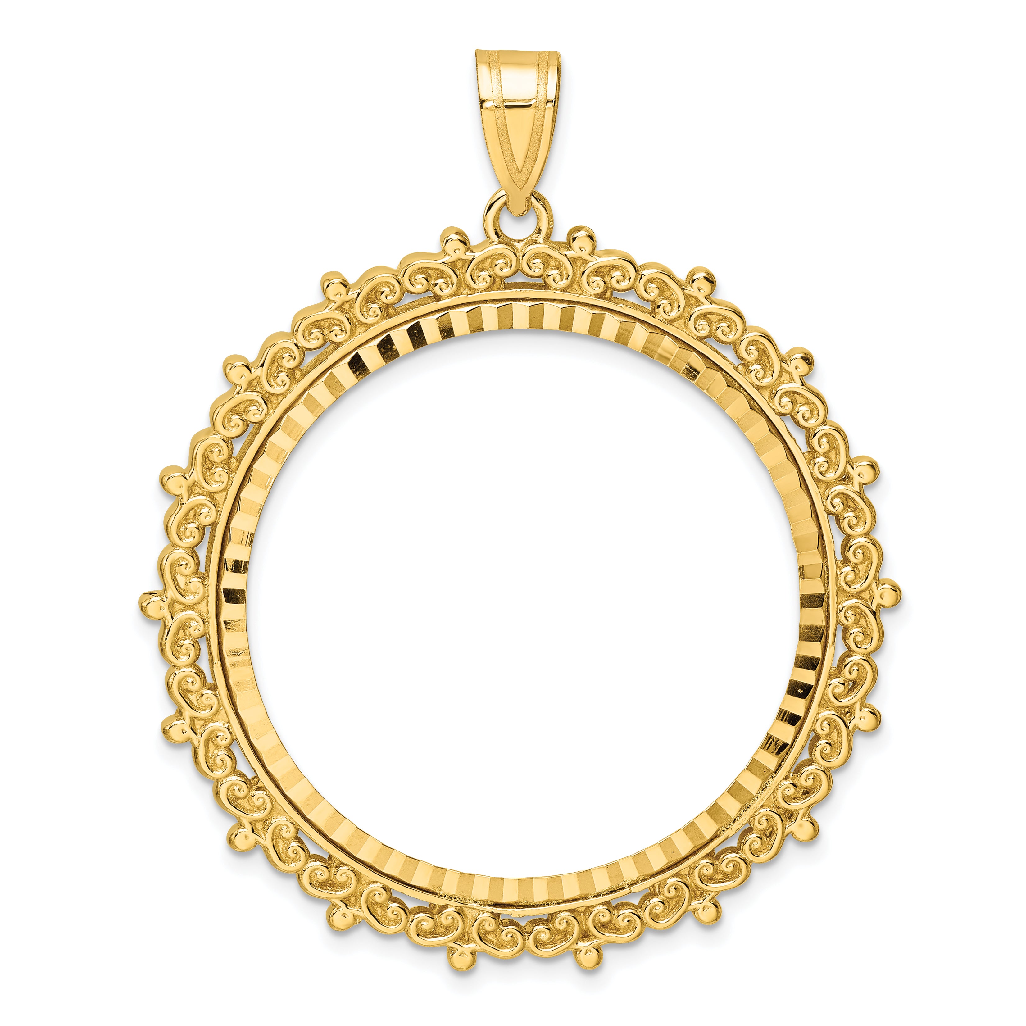 14K Yellow Gold Wideband Distinguished Coin Jewelry Polished And Diamond-Cut Fancy 32.7mm Prong Bezel Pendant