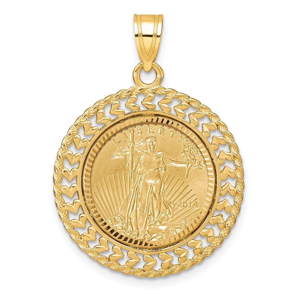 14K Yellow Gold 1/10oz Mounted American Eagle Coin Fancy Heart & Rope D/c Bezel Pendan
