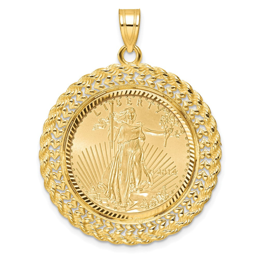 14K Yellow Gold 1/4oz Mounted American Eagle Coin Fancy Heart & Rope D/c Bezel Pendant