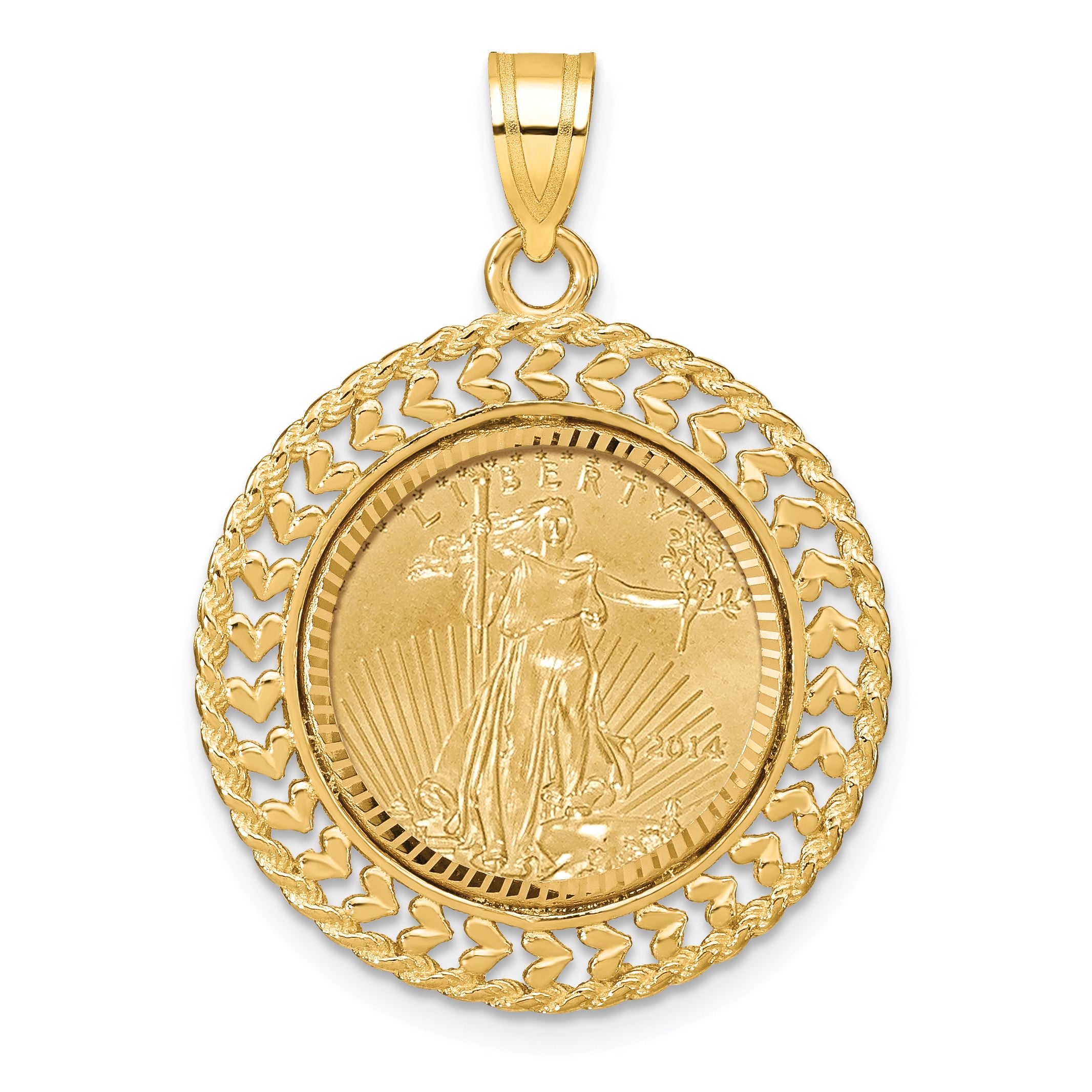 14K Yellow Gold Wideband Distinguished Coin Jewelry 14Ky Diamond-Cut Heart & Rope Prong Mounted 1/10Oz American Eagle Bezel Pendant