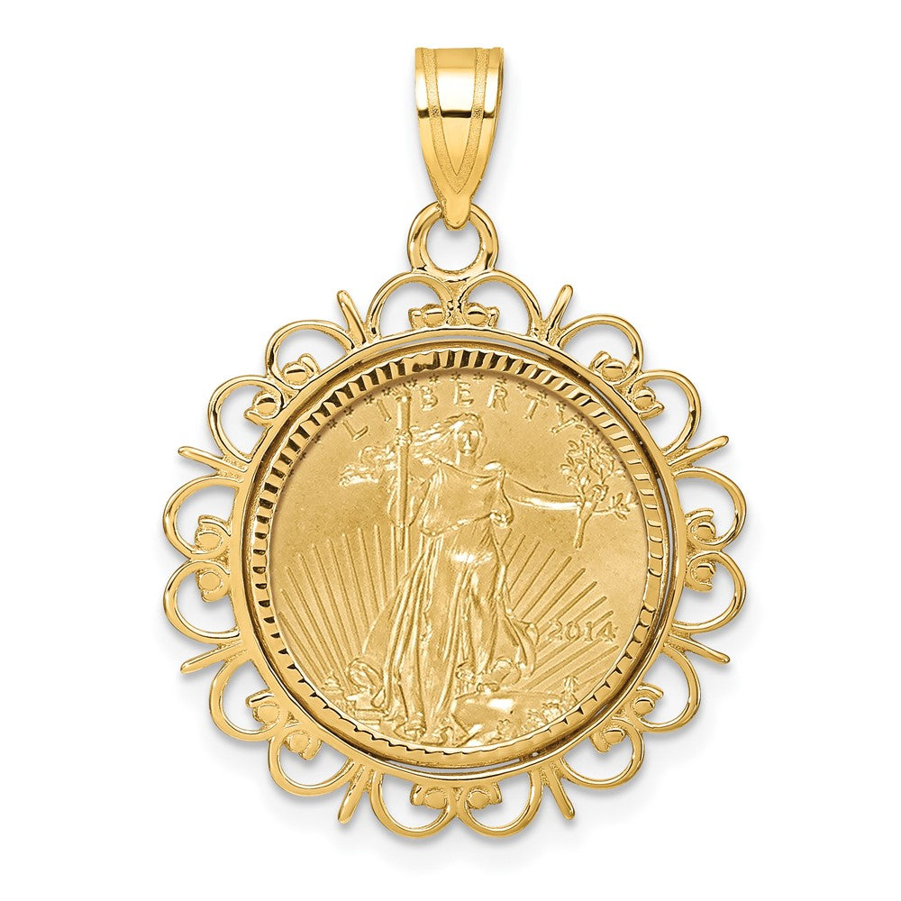 14K Yellow Gold 1/10oz Mounted Am Eagle Coin Fancy Edge D/c Bezel Pendant