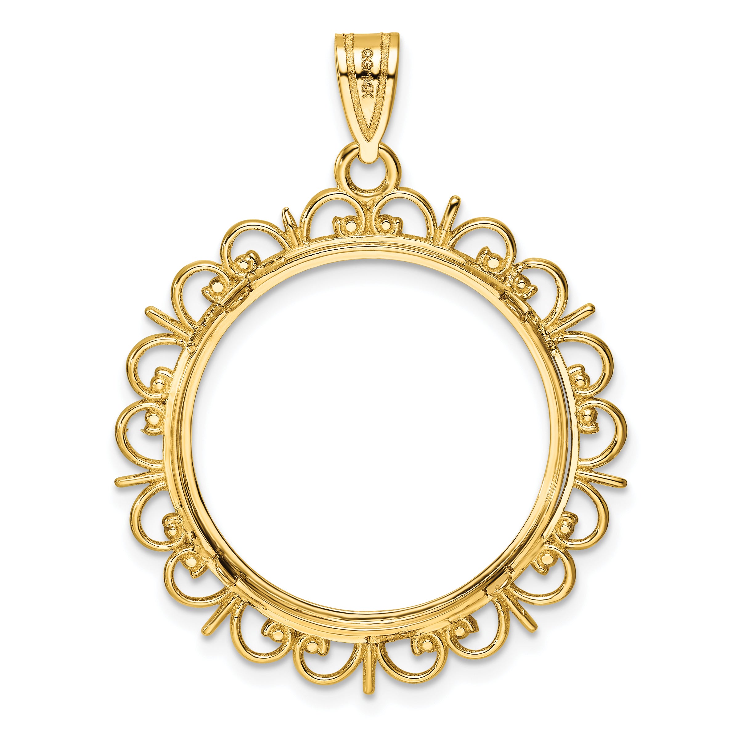 14K Yellow Gold Wideband Distinguished Coin Jewelry Polished And Diamond-Cut Fancy 22.0mm Prong Bezel Pendant
