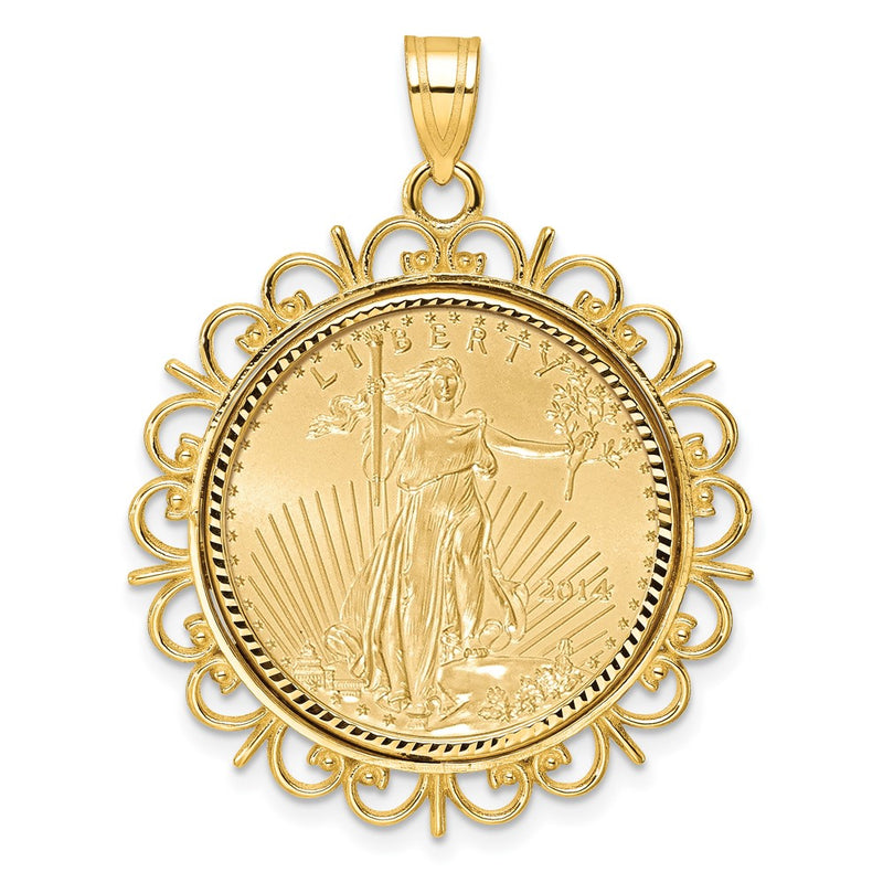 14K Yellow Gold 1/4oz Mounted Am Eagle Coin Fancy Edge D/c Bezel Pendant