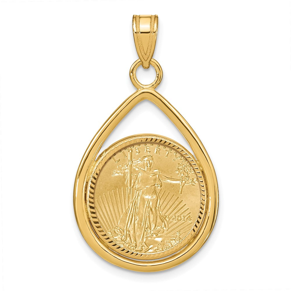 14K Yellow Gold 1/10oz Mounted American Eagle Coin Diamond-Cut Bezel Tear Drop Pendant