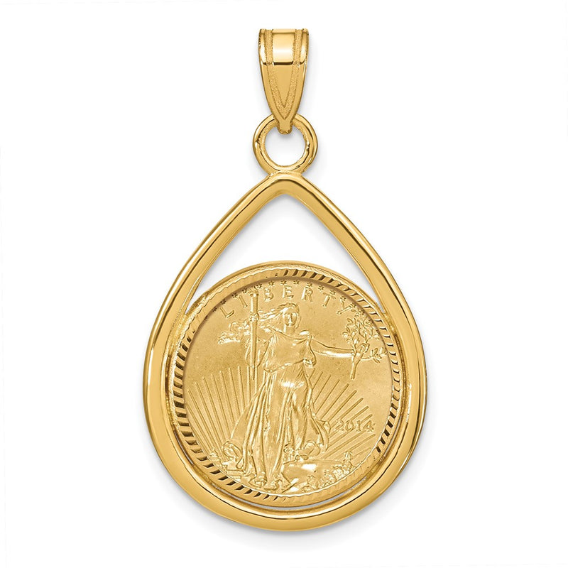 14K Yellow Gold 1/10oz Mounted American Eagle Coin Diamond-Cut Bezel Tear Drop Pendant