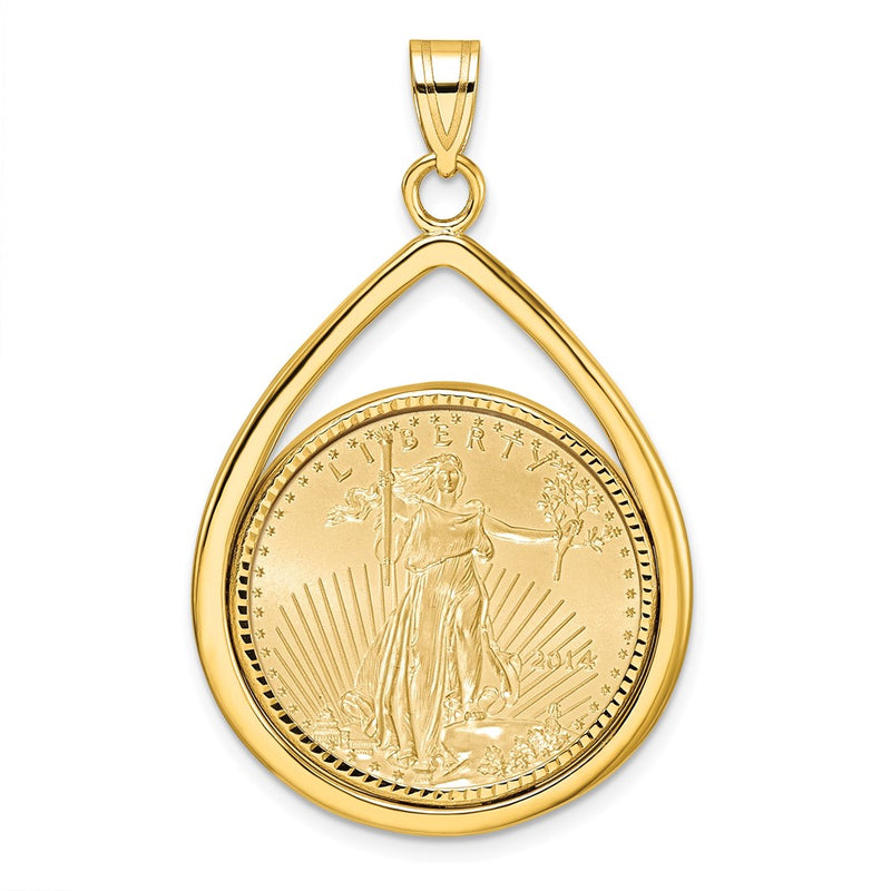14K Yellow Gold 1/4oz Mounted American Eagle Coin Diamond-Cut Bezel Tear Drop Pendant