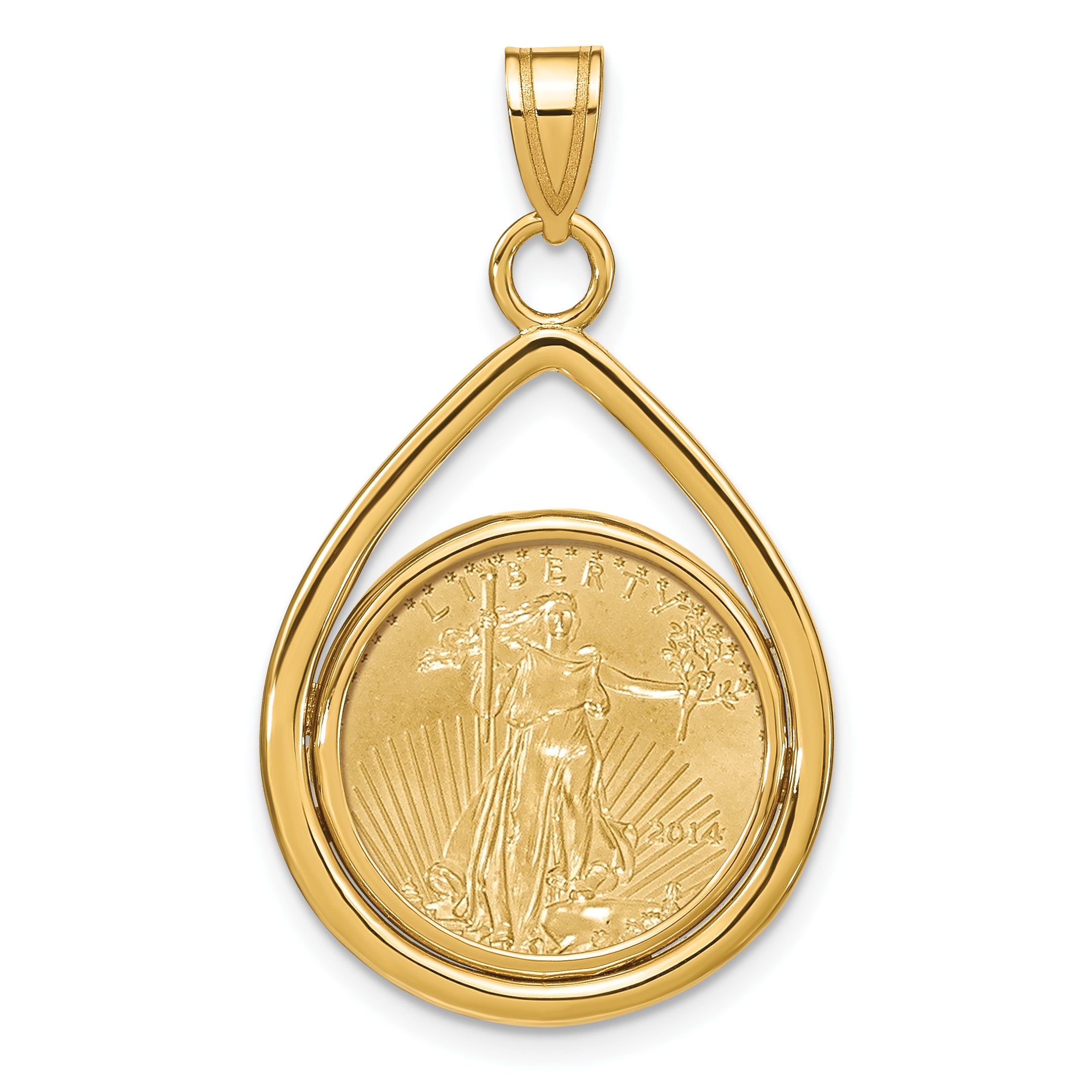 14K Yellow Gold Wideband Distinguished Coin Jewelry Polished Lightweight Teardrop Mounted 1/10Oz American Eagle Prong Bezel Pendant