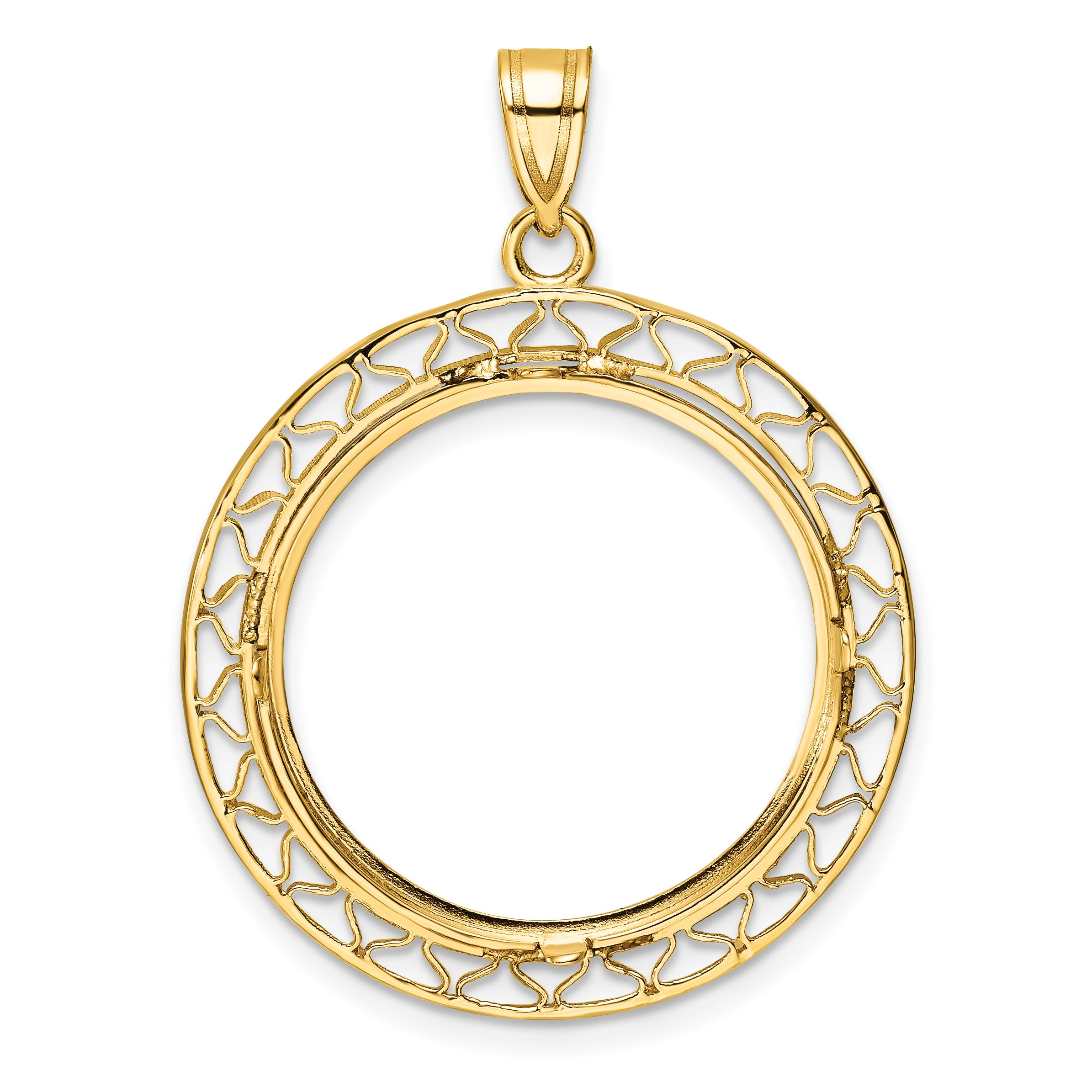 14K Yellow Gold Wideband Distinguished Coin Jewelry Polished And Diamond-Cut Fancy Wire 22.0mm Prong Bezel Pendant
