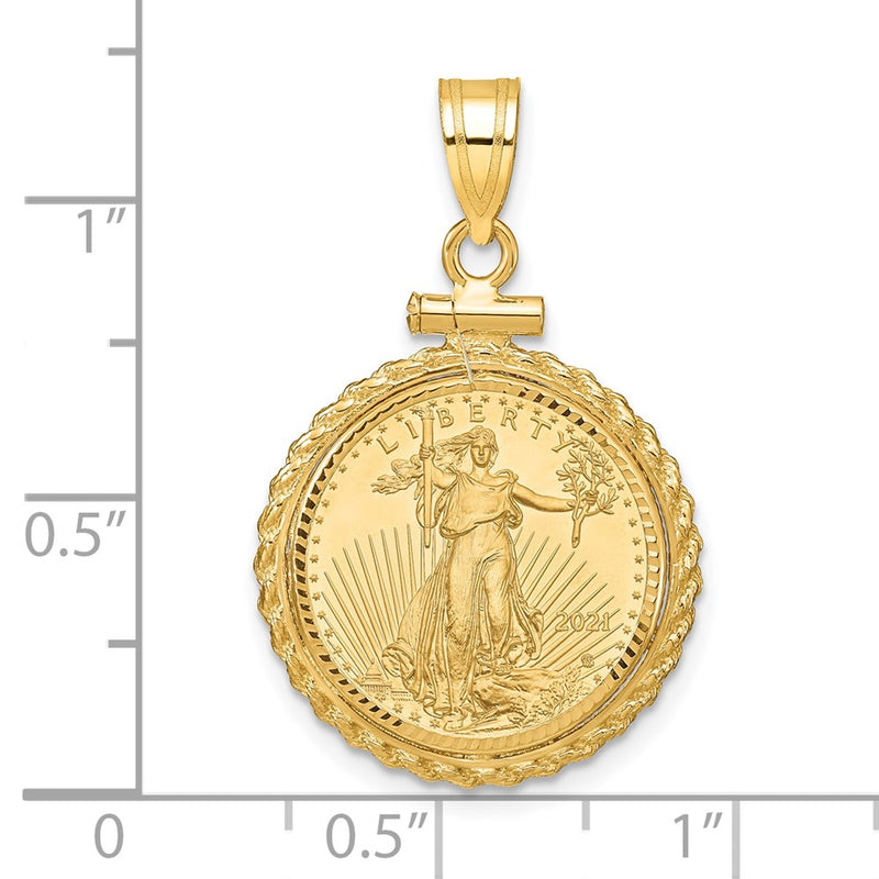 14K Yellow Gold 1/10oz Mounted Am Eagle Coin Screw Top Rope D/c Bezel Pendant