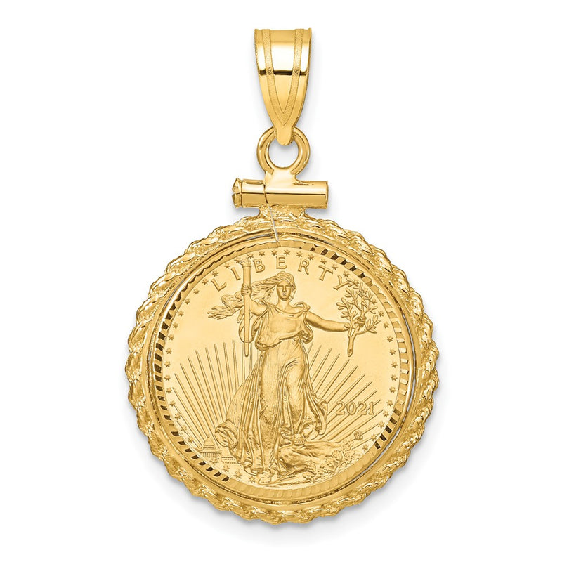 14K Yellow Gold 1/10oz Mounted Am Eagle Coin Screw Top Rope D/c Bezel Pendant