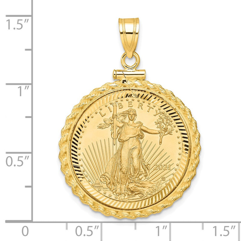 14K Yellow Gold 1/4oz Mounted Am Eagle Coin Screw Top Rope D/c Bezel Pendant