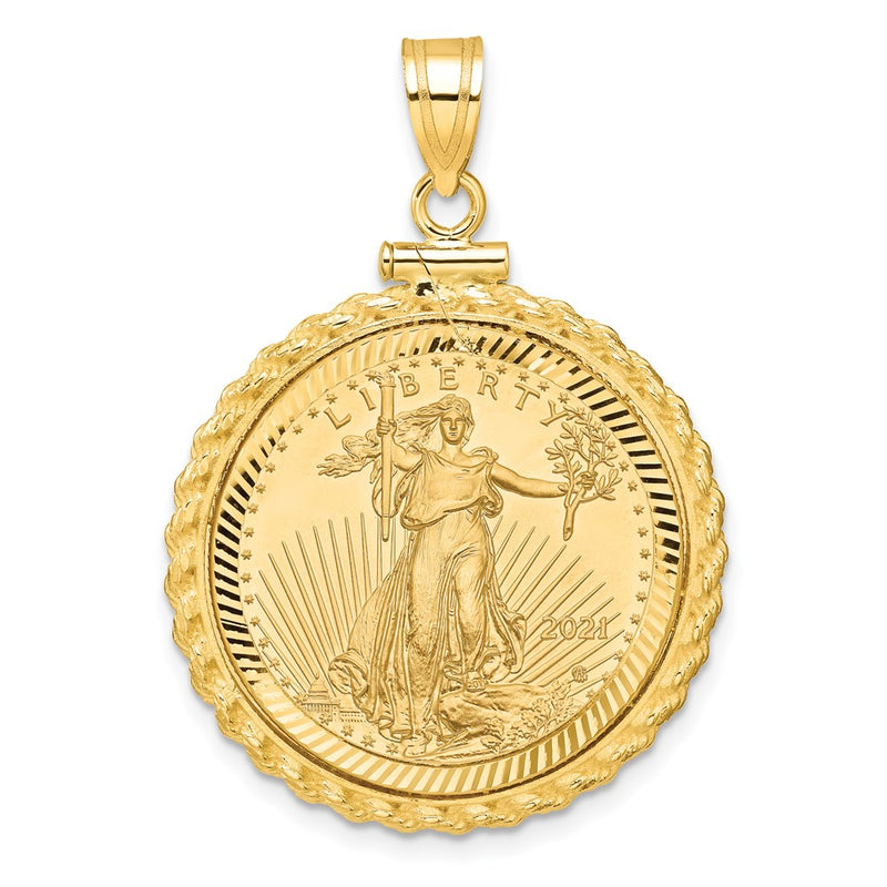 14K Yellow Gold 1/4oz Mounted Am Eagle Coin Screw Top Rope D/c Bezel Pendant