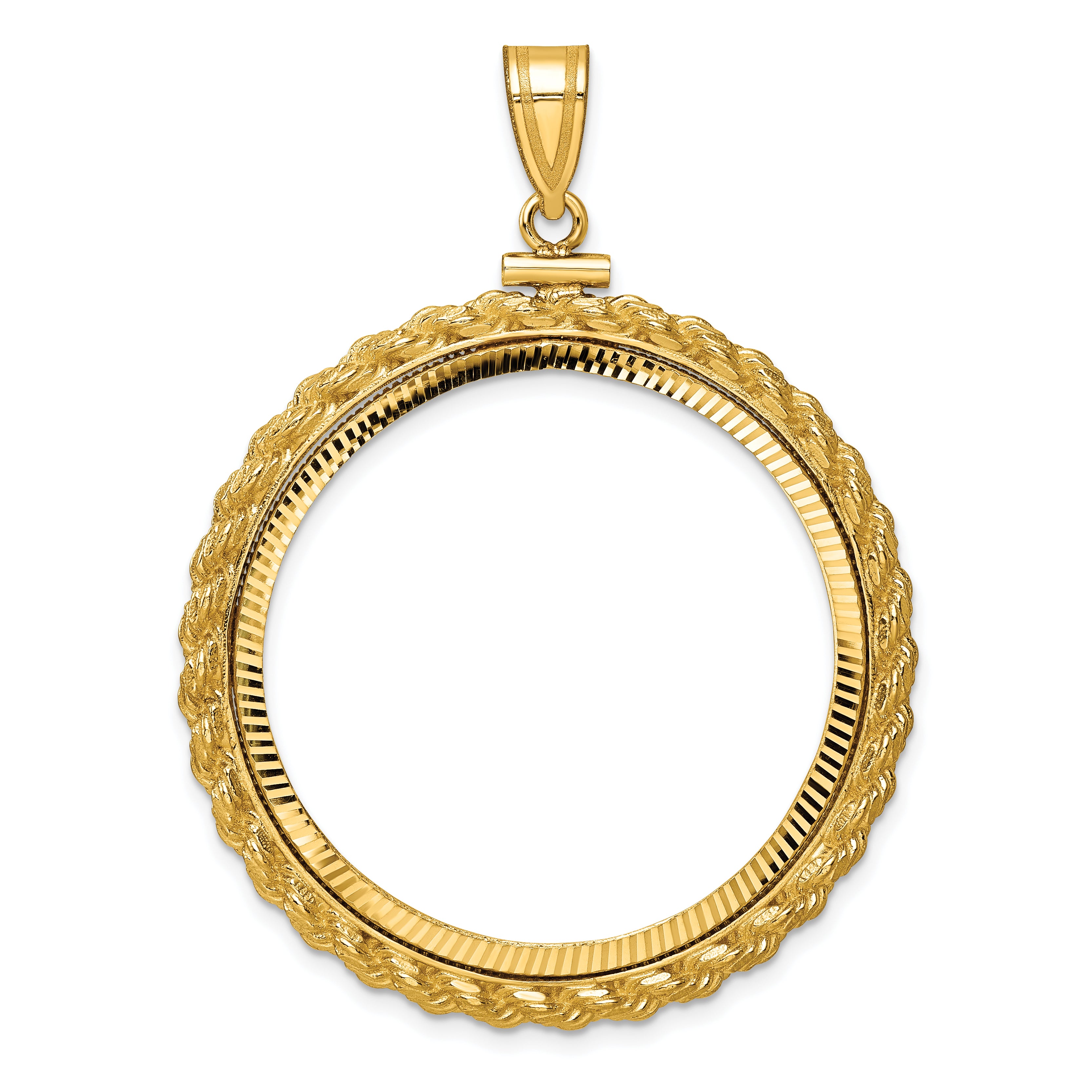 14K Yellow Gold Wideband Distinguished Coin Jewelry Polished And Diamond-Cut Casted Rope 32.7mm X 3.00mm Screw Top Bezel Pendant