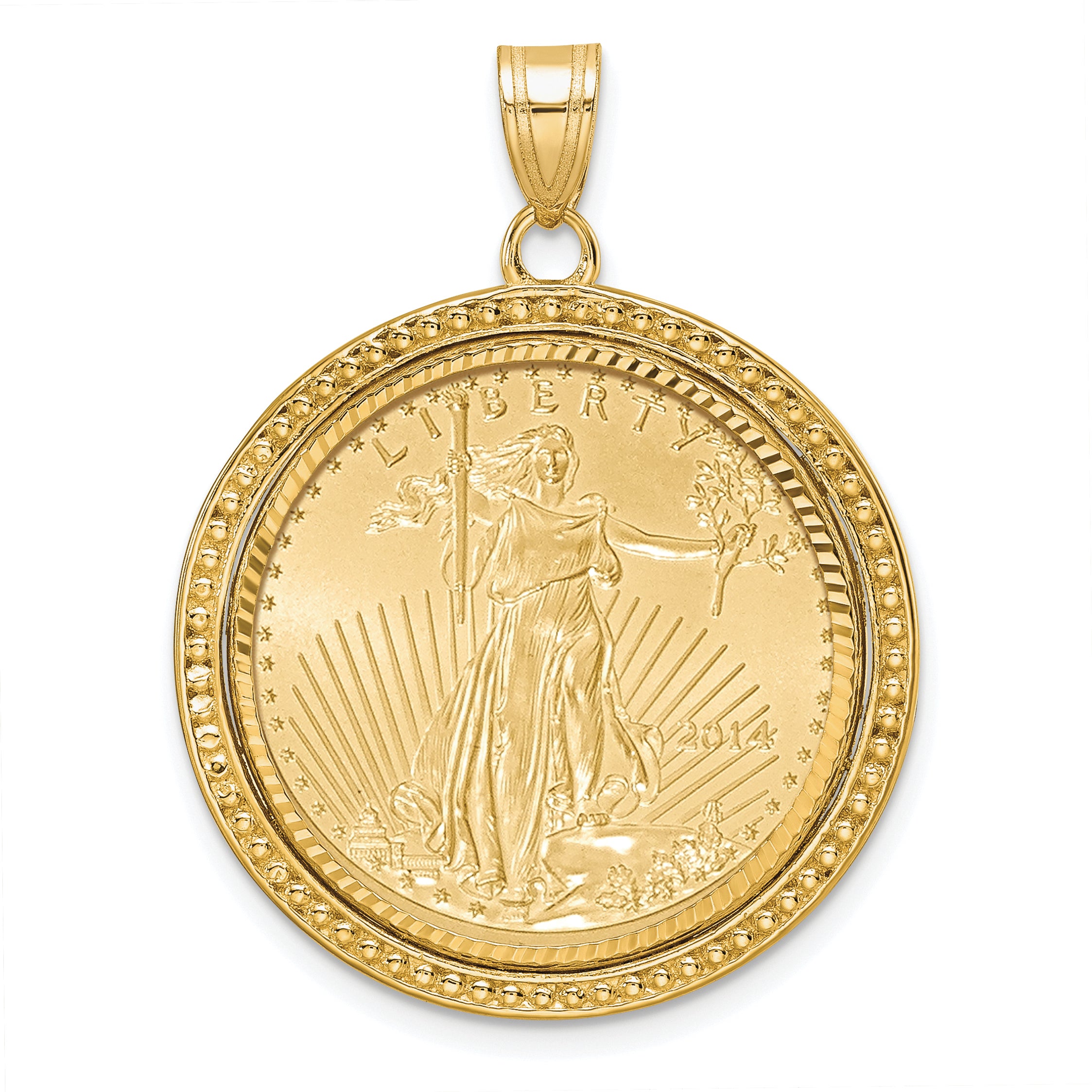14K Yellow Gold Wideband Distinguished Coin Jewelry 14Ky Beaded & Diamond-Cut Prong Mounted 1/4Oz American Eagle Bezel Pendant