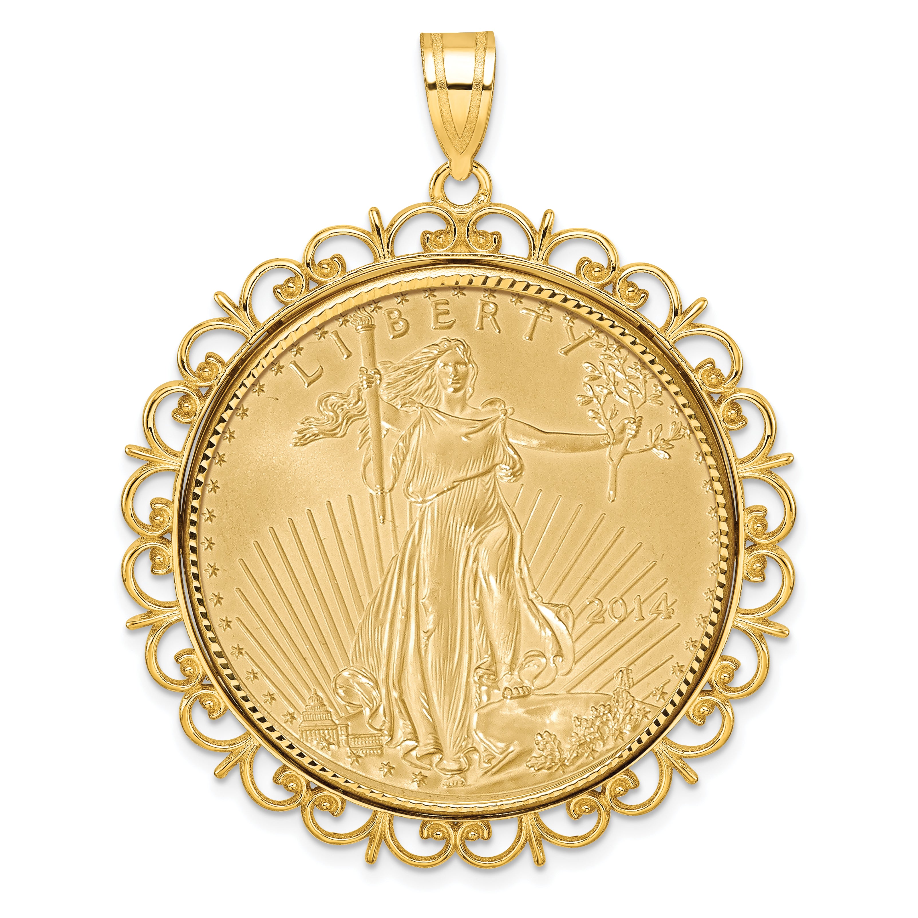14K Yellow Gold Wideband Distinguished Coin Jewelry 14Ky Fancy Diamond-Cut Prong Mounted 1Oz American Eagle Bezel Pendant