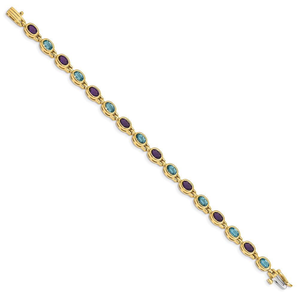 14K Yellow Gold Oval Gemstone Amethyst/blue Topaz Bracelet