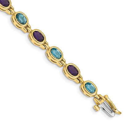 14K Yellow Gold Oval Gemstone Amethyst/blue Topaz Bracelet