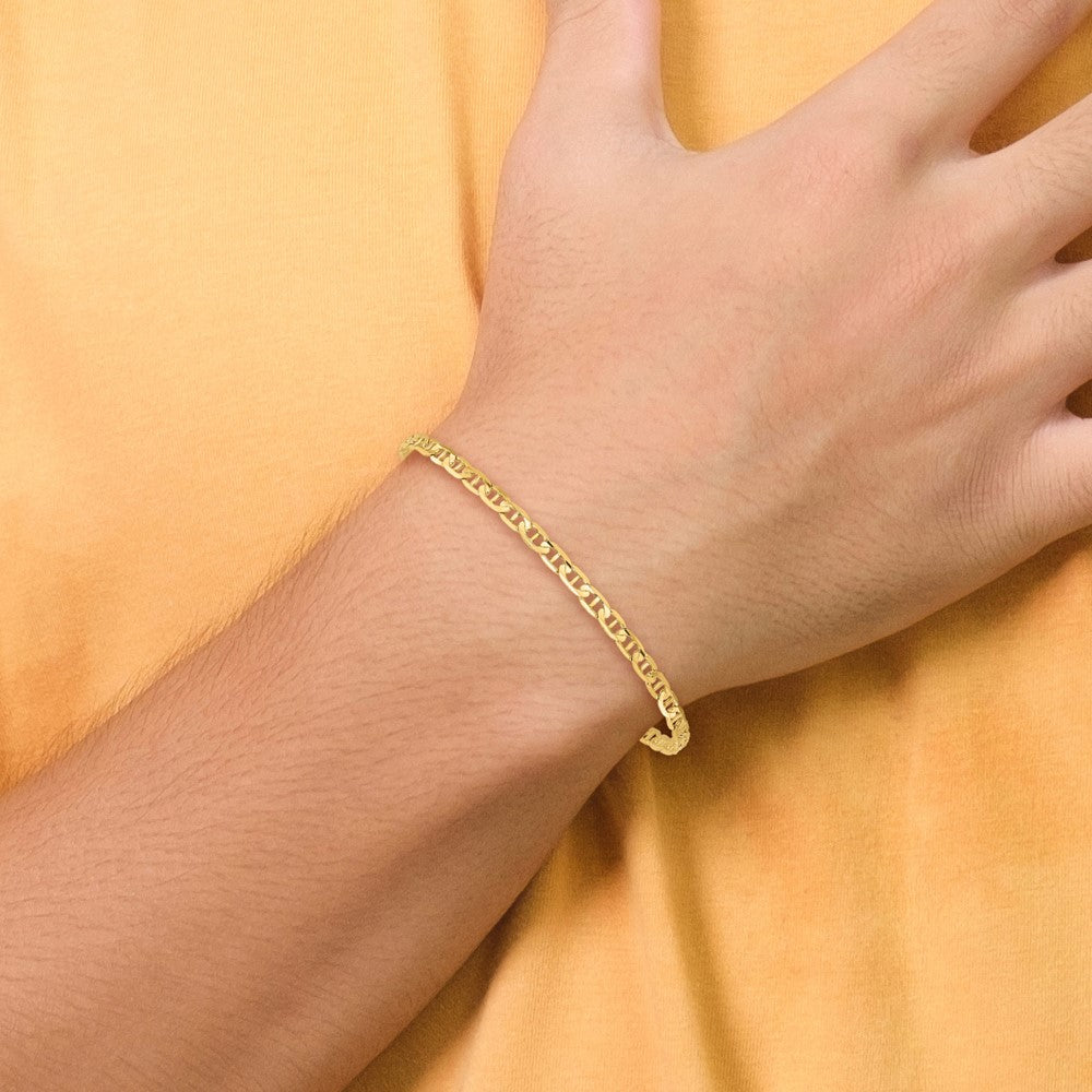 14K Yellow Gold 8 Inch 3mm Concave Anchor With Lobster Clasp Bracelet