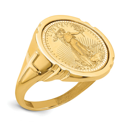 14K Yellow Gold Wideband Distinguished Coin Jewelry Men'S Polished And Diamond Cut With Cross Sides Mounted 1/10Oz American Eagle Bezel Ring