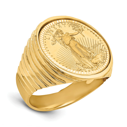 14K Yellow Gold Wideband Distinguished Coin Jewelry Men'S Polished And Diamond Cut Ribbed Edge Mounted 1/10Oz American Eagle Bezel Ring