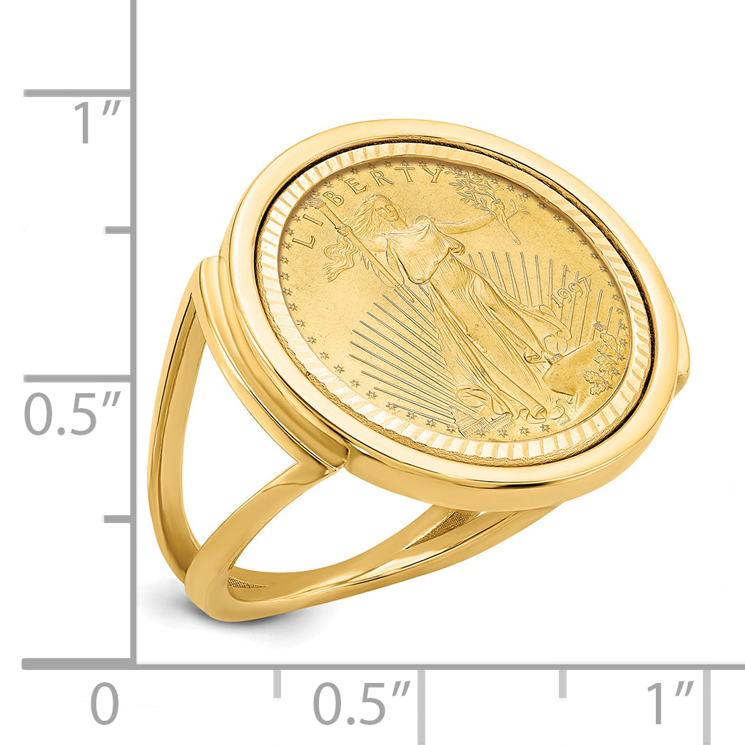14K Yellow Gold Wideband Distinguished Coin Jewelry Ladies' Polished And Diamond Cut Mounted 1/10Oz American Eagle Bezel Ring